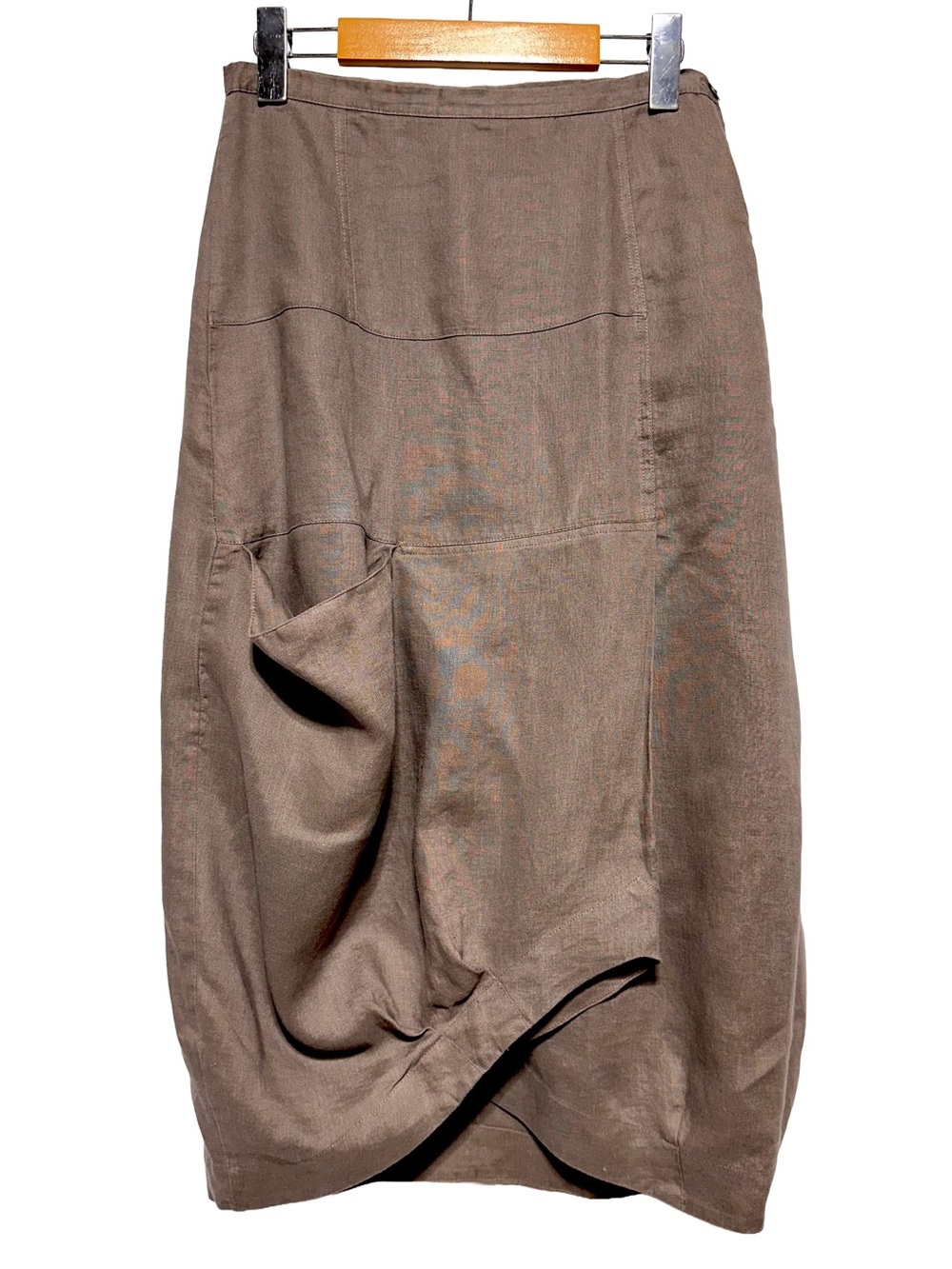 Animale Brown Linen Tulip Bubble Skirt Lagenlook Avant Garde Artsy Midi Pockets
